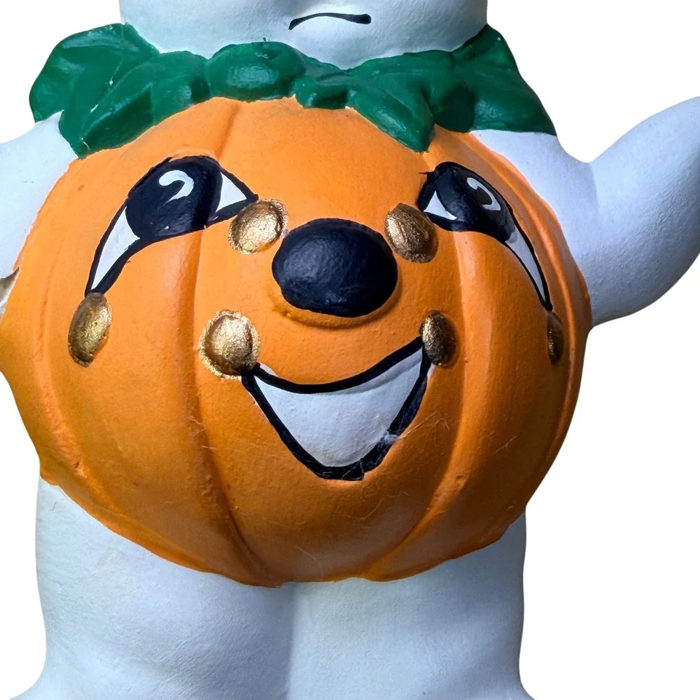 Vtg Ceramic Ghost Holding Pumpkin Figurine Halloween Jack O Lantern Sad Face